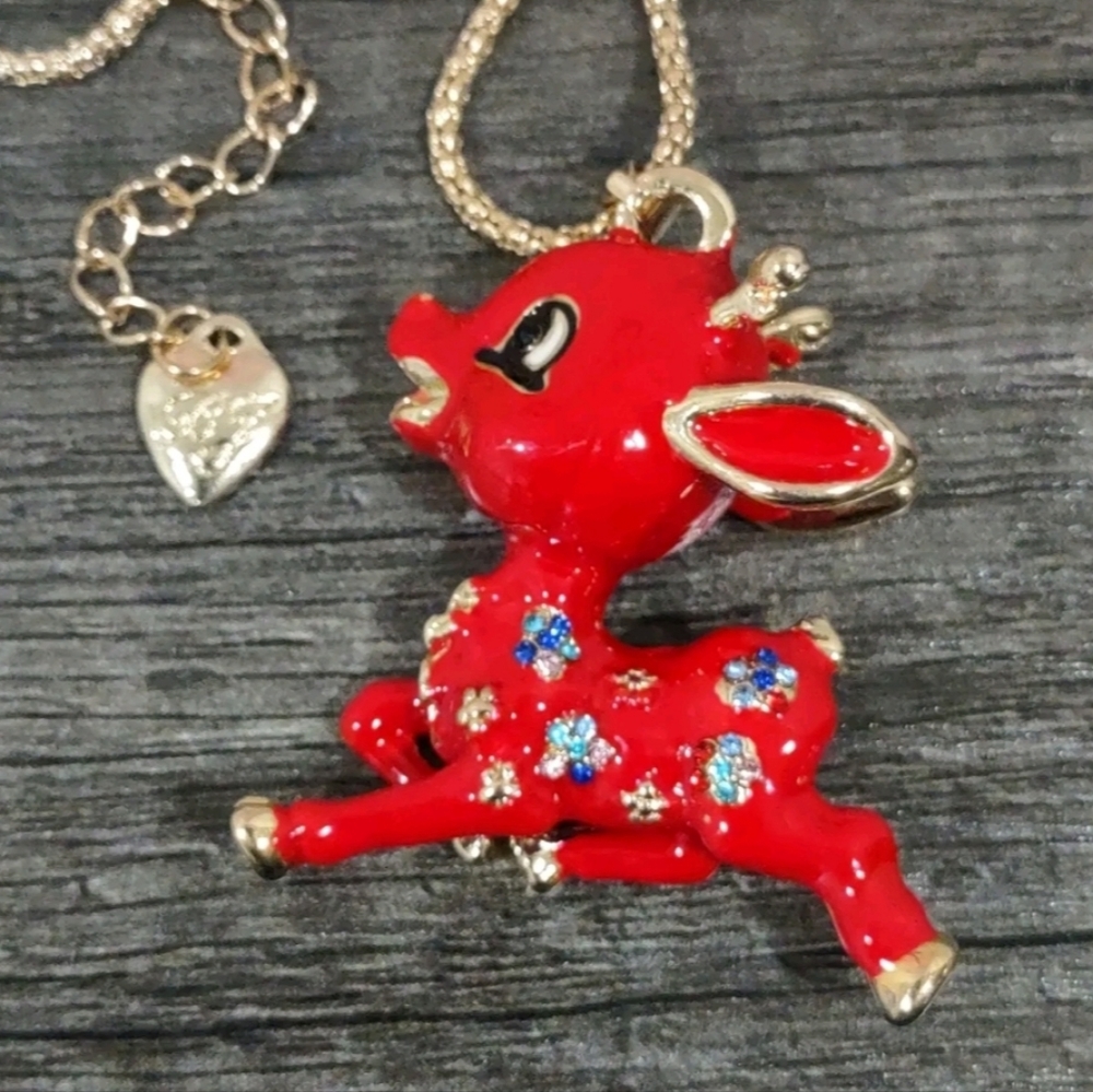 Gold-plated red multi-color Crystal reindeer necklace pendant - Picture 4 of 13
